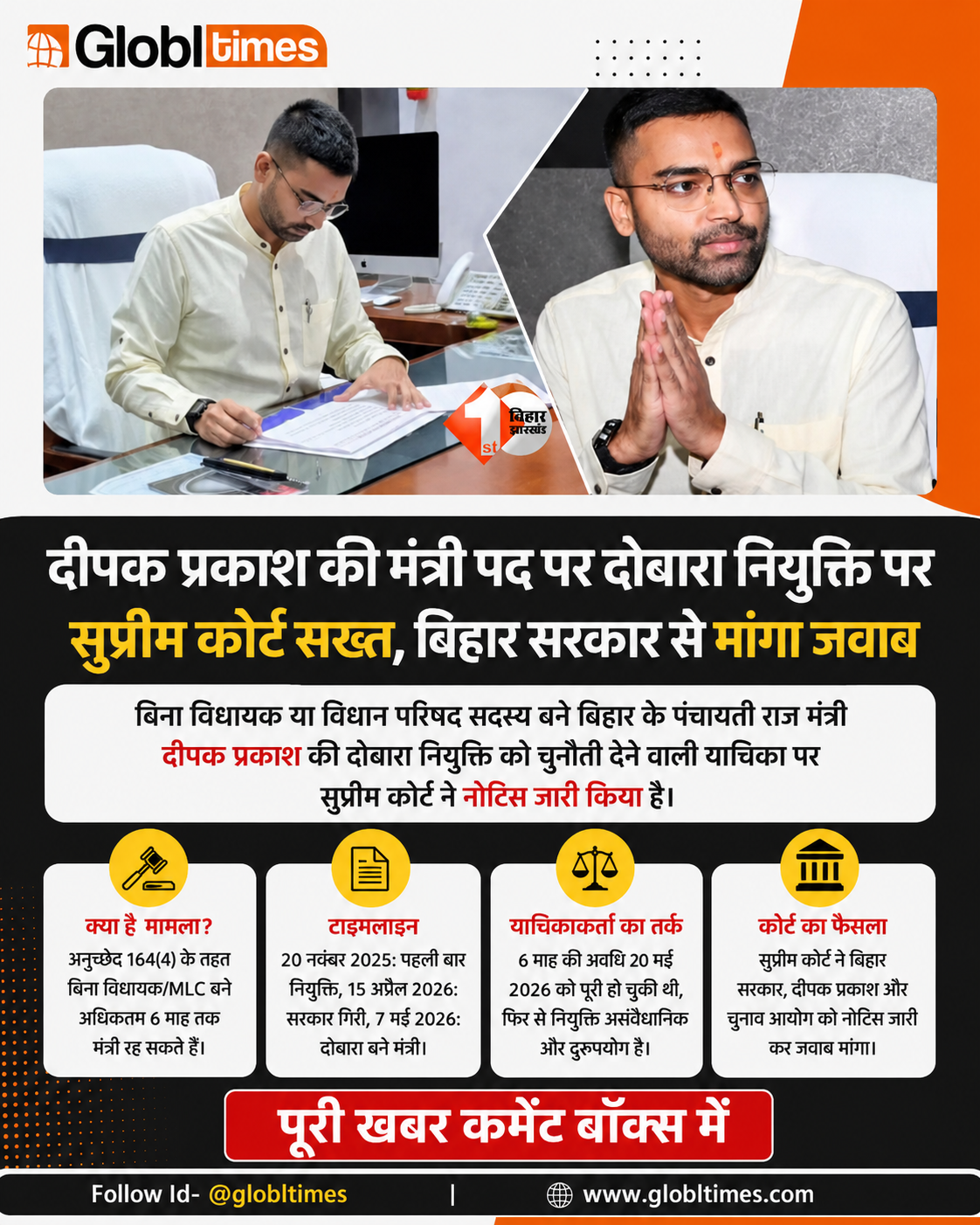 दीपक प्रकाश की मंत्री पद पर दोबारा नियुक्ति पर सुप्रीम कोर्ट सख्त, बिहार सरकार से मांगा जवाब