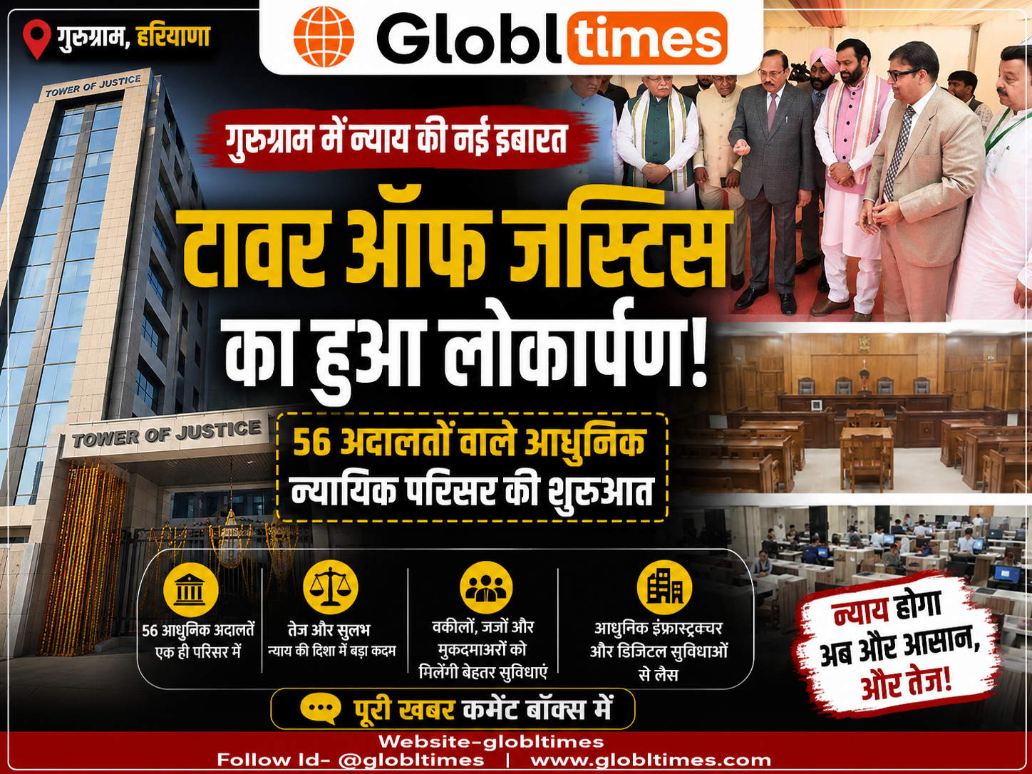 गुरुग्राम में टावर ऑफ जस्टिस का लोकार्पण, 56 अदालतों वाले आधुनिक न्यायिक परिसर की शुरुआत