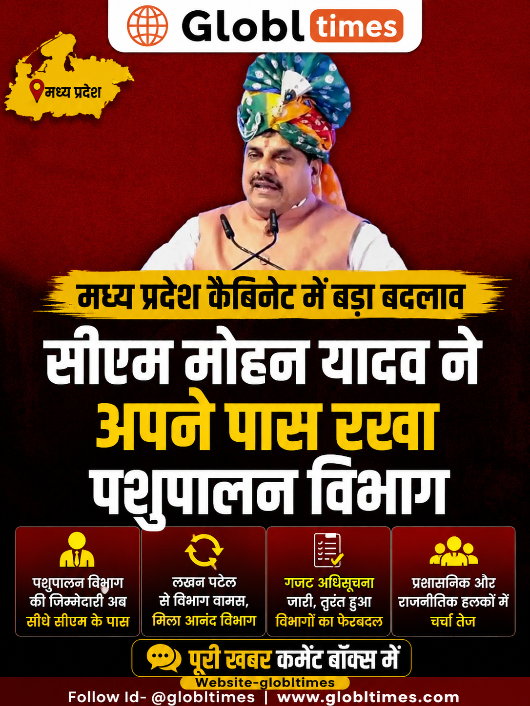 मध्य प्रदेश कैबिनेट में बड़ा बदलाव, सीएम मोहन यादव ने अपने पास रखा पशुपालन विभाग