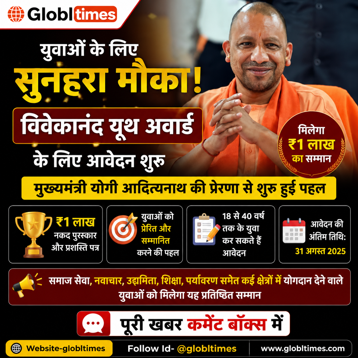 युवाओं के लिए सुनहरा मौका! विवेकानंद यूथ अवार्ड के लिए आवेदन शुरू, मिलेगा ₹1 लाख का सम्मान
