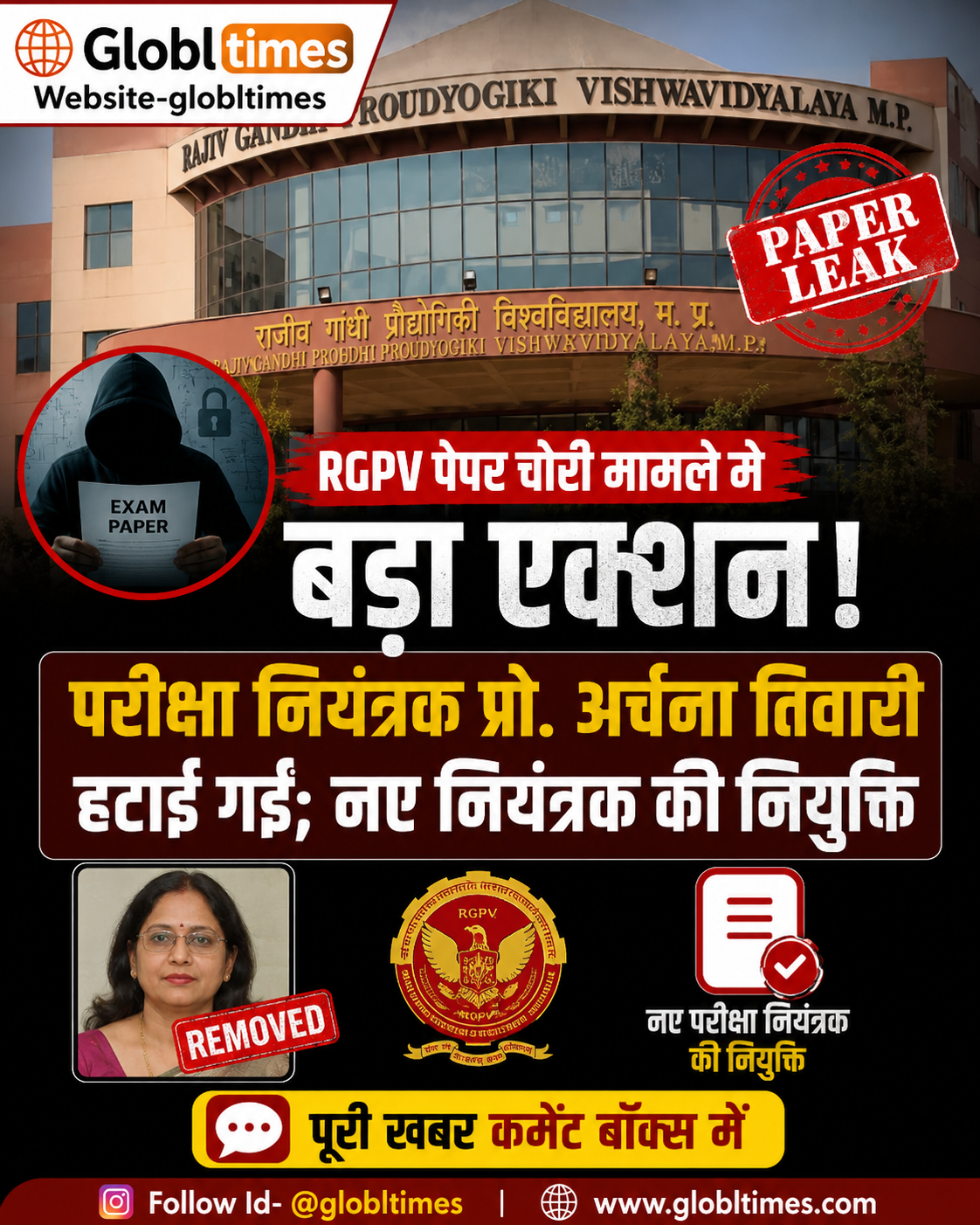 RGPV पेपर चोरी मामले में बड़ा एक्शन, परीक्षा नियंत्रक प्रो. अर्चना तिवारी हटाई गईं; नए नियंत्रक की नियुक्ति