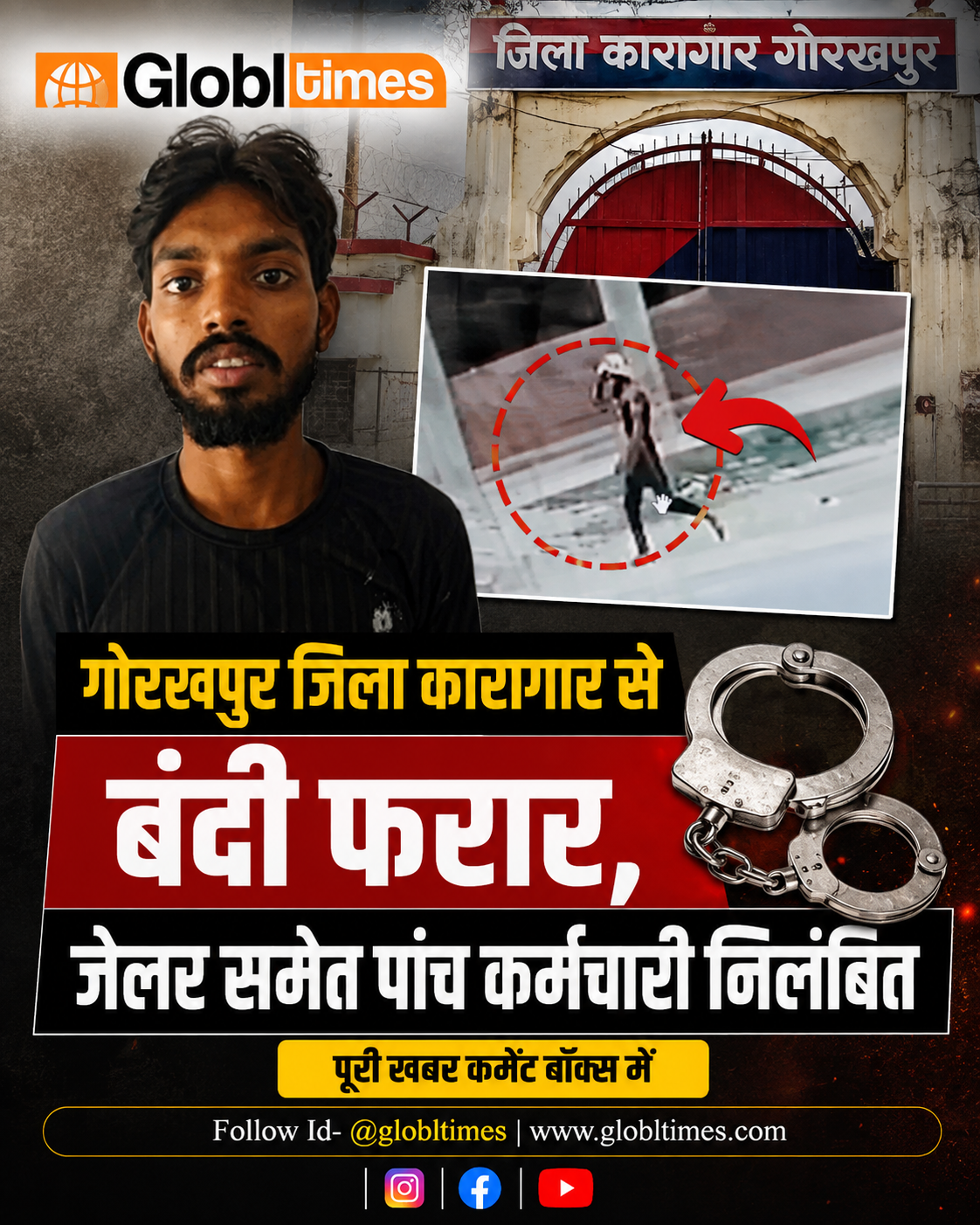 गोरखपुर जिला कारागार से बंदी फरार, जेलर समेत पांच कर्मचारी निलंबित