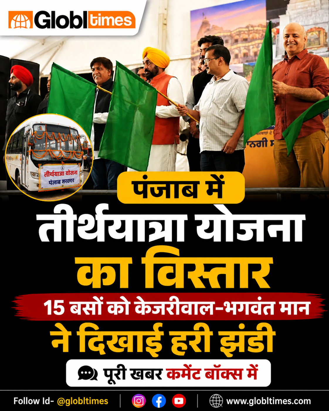 पंजाब में तीर्थयात्रा योजना का विस्तार, 15 बसों को केजरीवाल-भगवंत मान ने दिखाई हरी झंडी