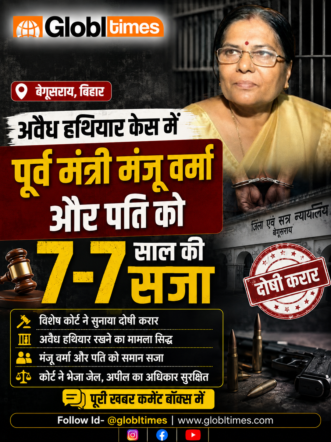 बेगूसराय अवैध हथियार केस में पूर्व मंत्री मंजू वर्मा और पति को 7-7 साल की सजा