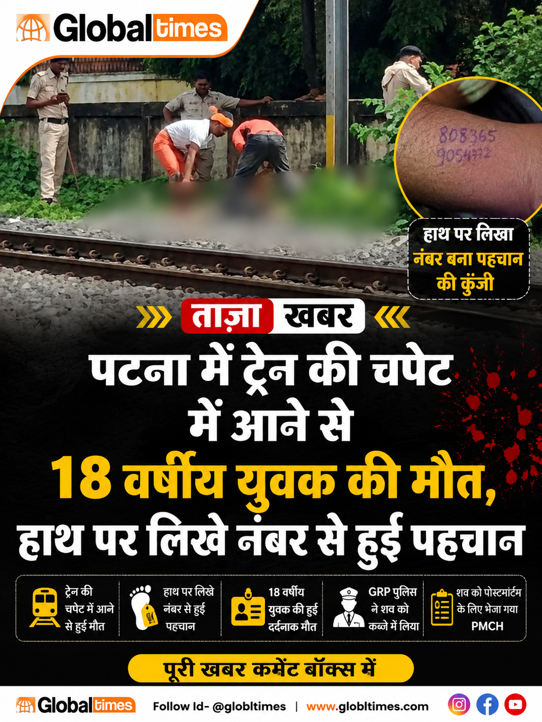 पटना में ट्रेन की चपेट में आने से 18 वर्षीय युवक की मौत, हाथ पर लिखे नंबर से हुई पहचान