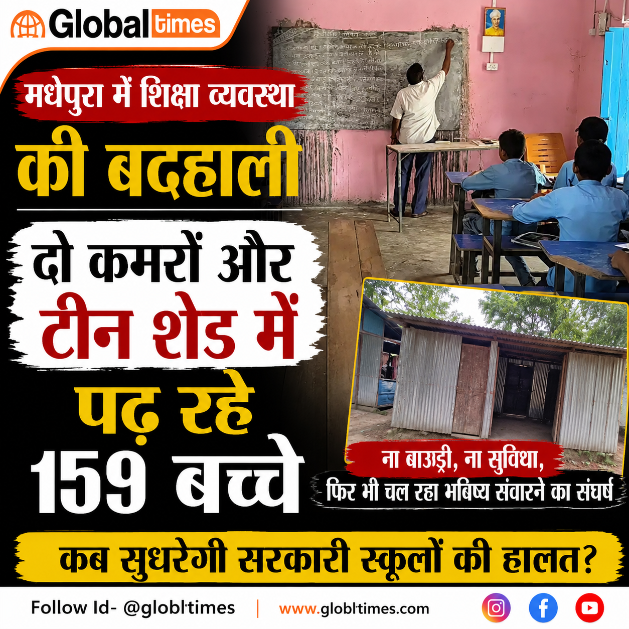मधेपुरा में शिक्षा व्यवस्था की बदहाली, दो कमरों और टीन शेड में पढ़ रहे 159 बच्चे
