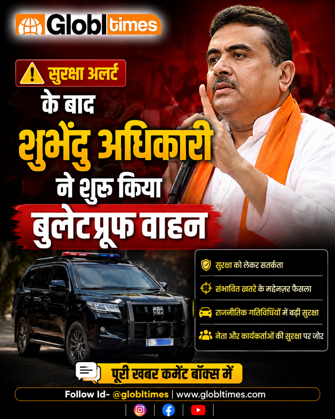 सुरक्षा अलर्ट के बाद शुभेंदु अधिकारी ने शुरू किया बुलेटप्रूफ वाहन का इस्तेमाल