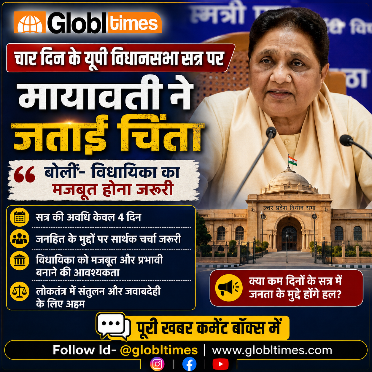 चार दिन के यूपी विधानसभा सत्र पर मायावती ने जताई चिंता, बोलीं- विधायिका का मजबूत होना जरूरी