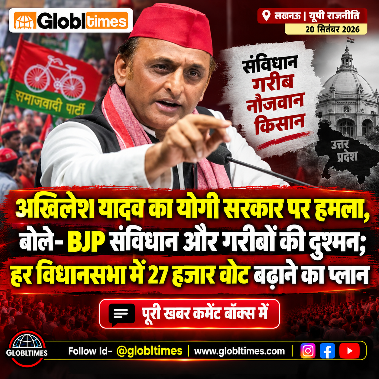 अखिलेश यादव का योगी सरकार पर हमला, बोले- BJP संविधान और गरीबों की दुश्मन; हर विधानसभा में 27 हजार वोट बढ़ाने का प्लान