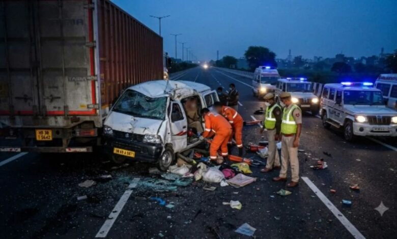 KMP एक्सप्रेसवे पर भीषण हादसा: मजदूरों से भरी ईको ट्रक से टकराई, 3 की मौत और 9 घायल