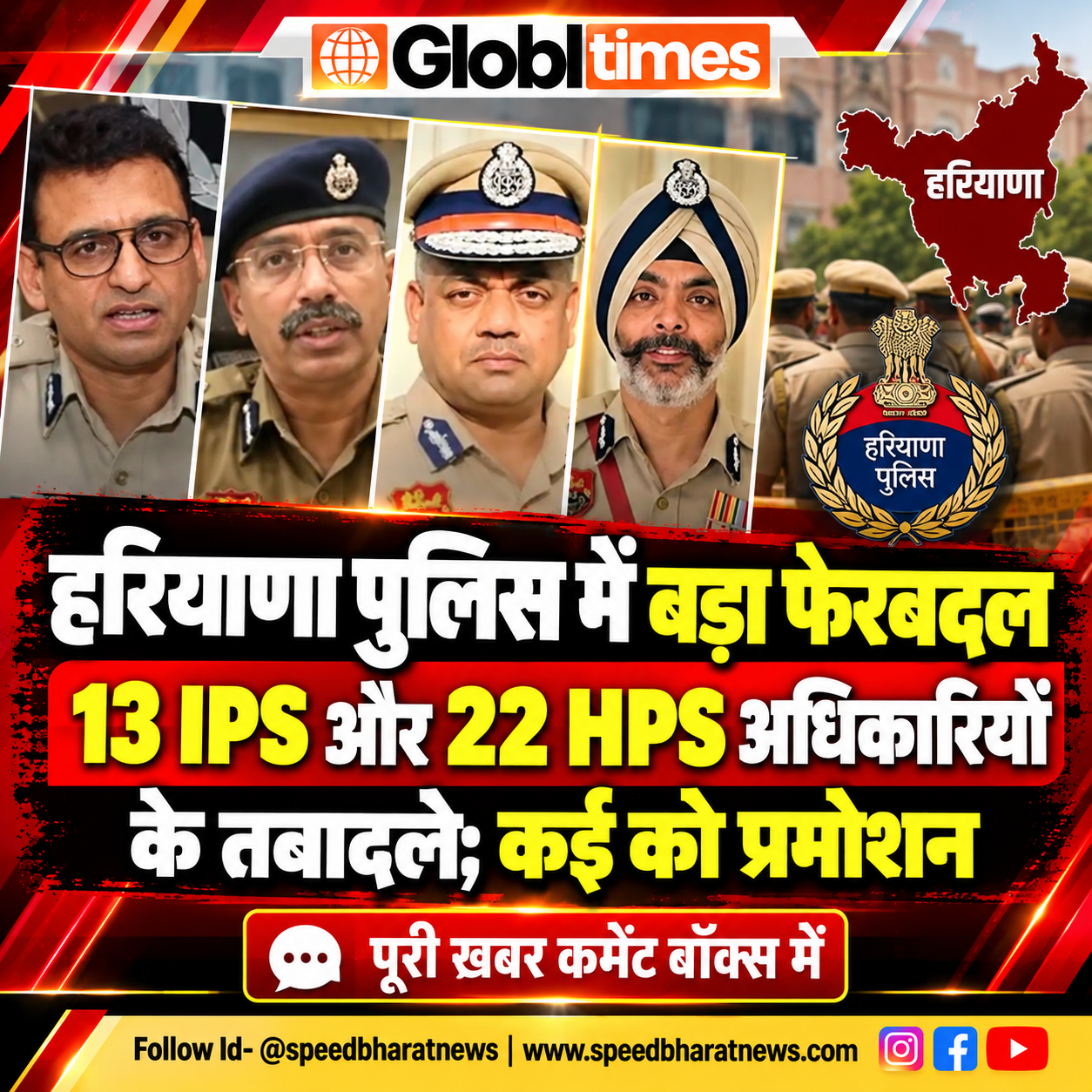 हरियाणा पुलिस में बड़ा फेरबदल, 13 IPS और 22 HPS अधिकारियों के तबादले; कई को प्रमोशन